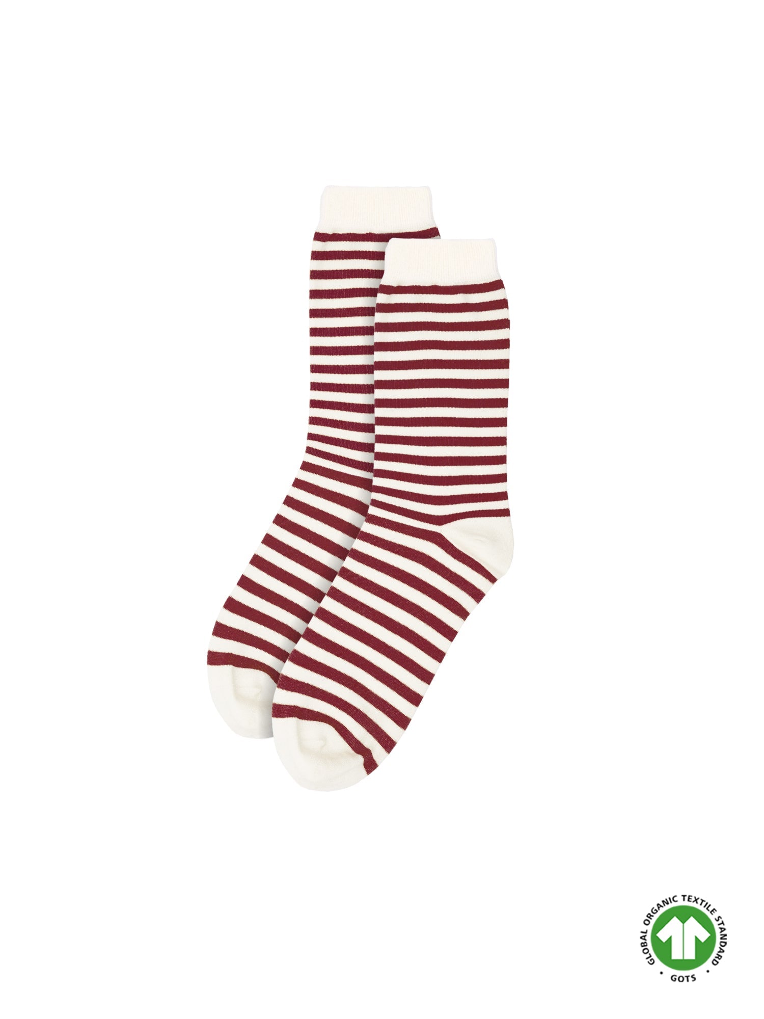 In Portugal hergestellte Streifensocken in creme bordeaux aus 100% GOTS zertifizierter Biobaumwolle
