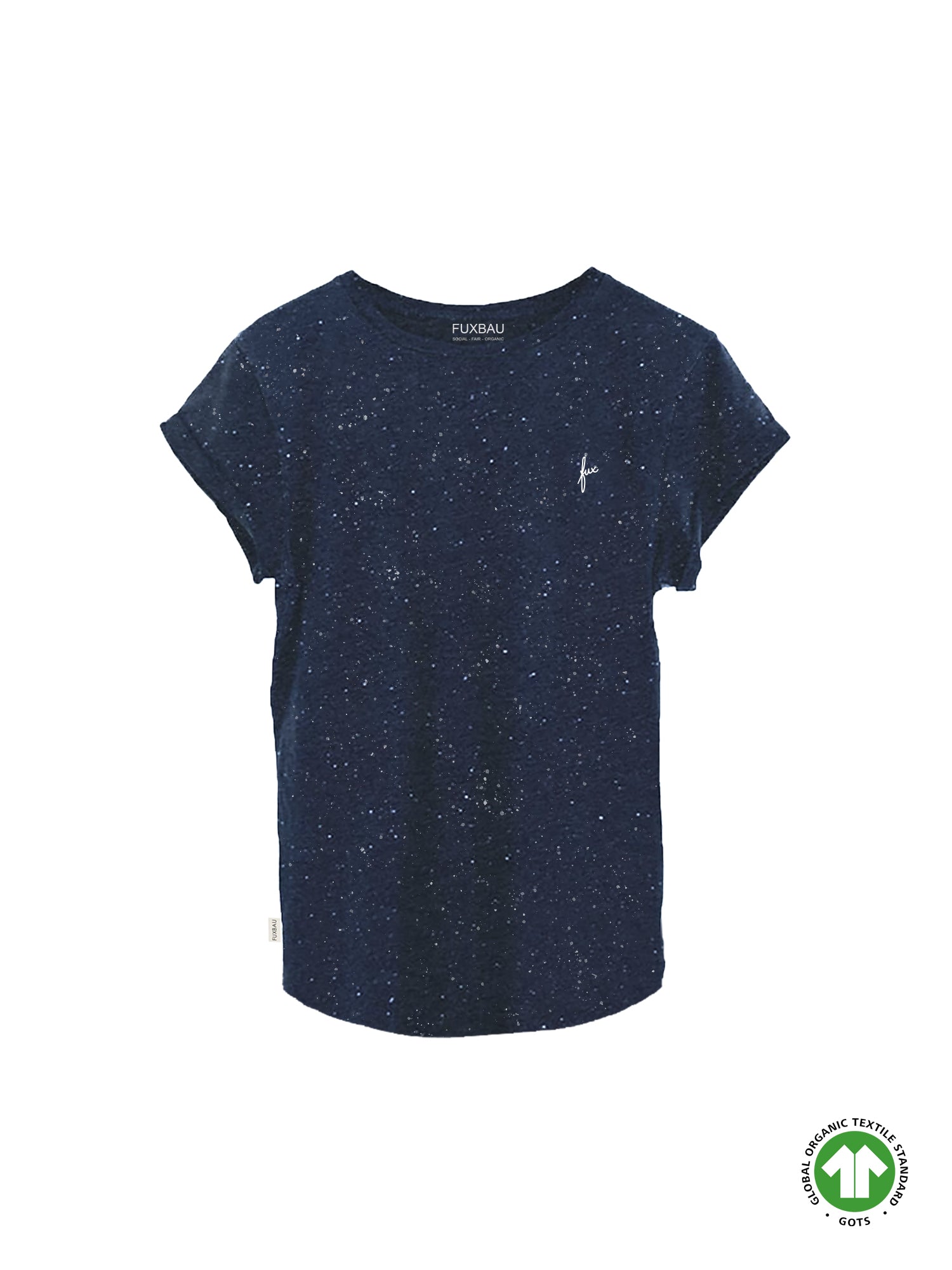 Nachhaltiges FUXBAU Fair Fashion Frauen T-Shirt in Bordeaux mit weißem fux Stick aus GOTS zertifizierter Biobaumwolle in navy mit weißen punkten.