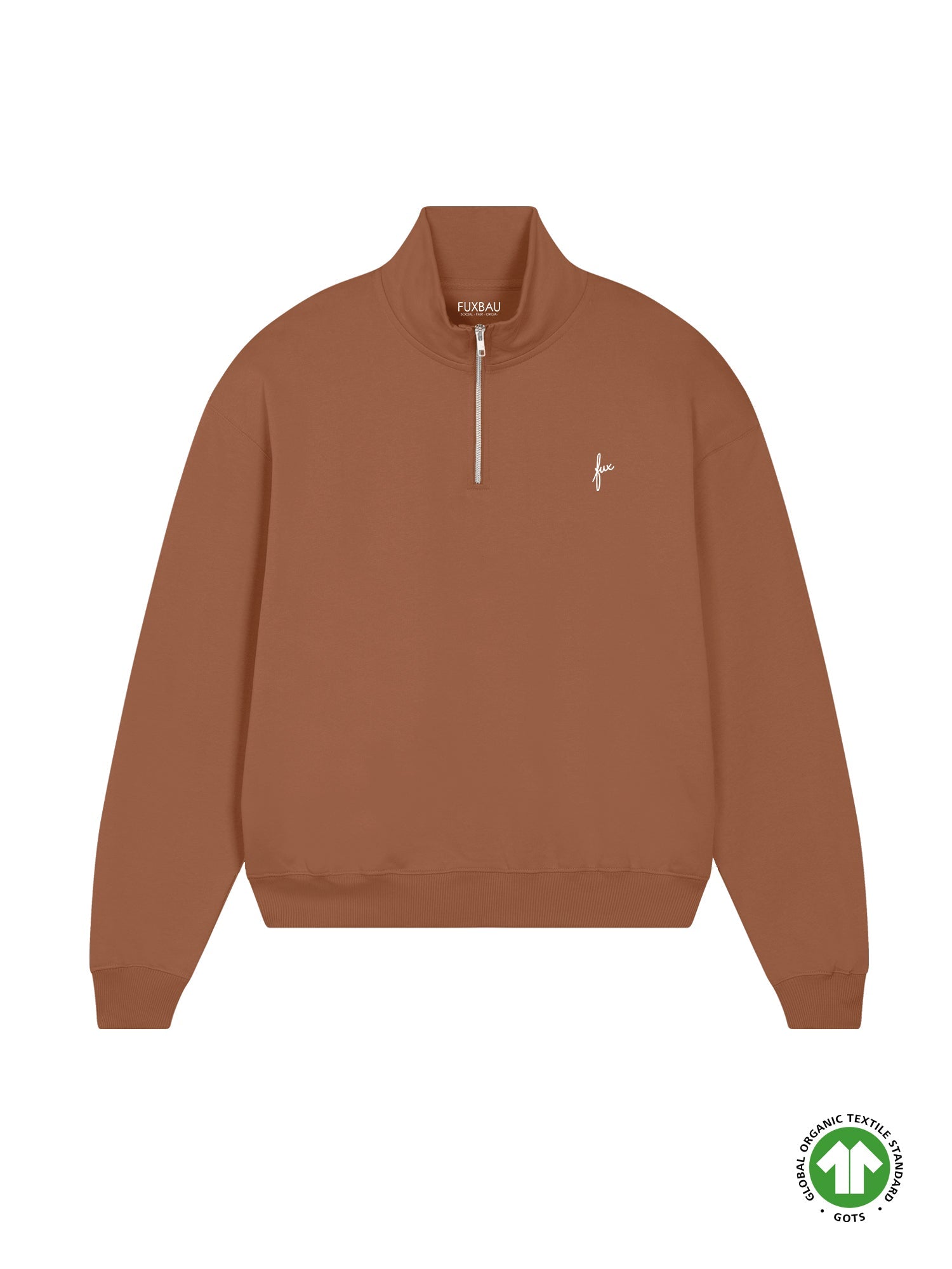 Nachhaltiger und fairer Frauen fux Half Zip Sweater in karamell aus 100% GOTS zertifizierter Biobaumwolle und made in Portugal.