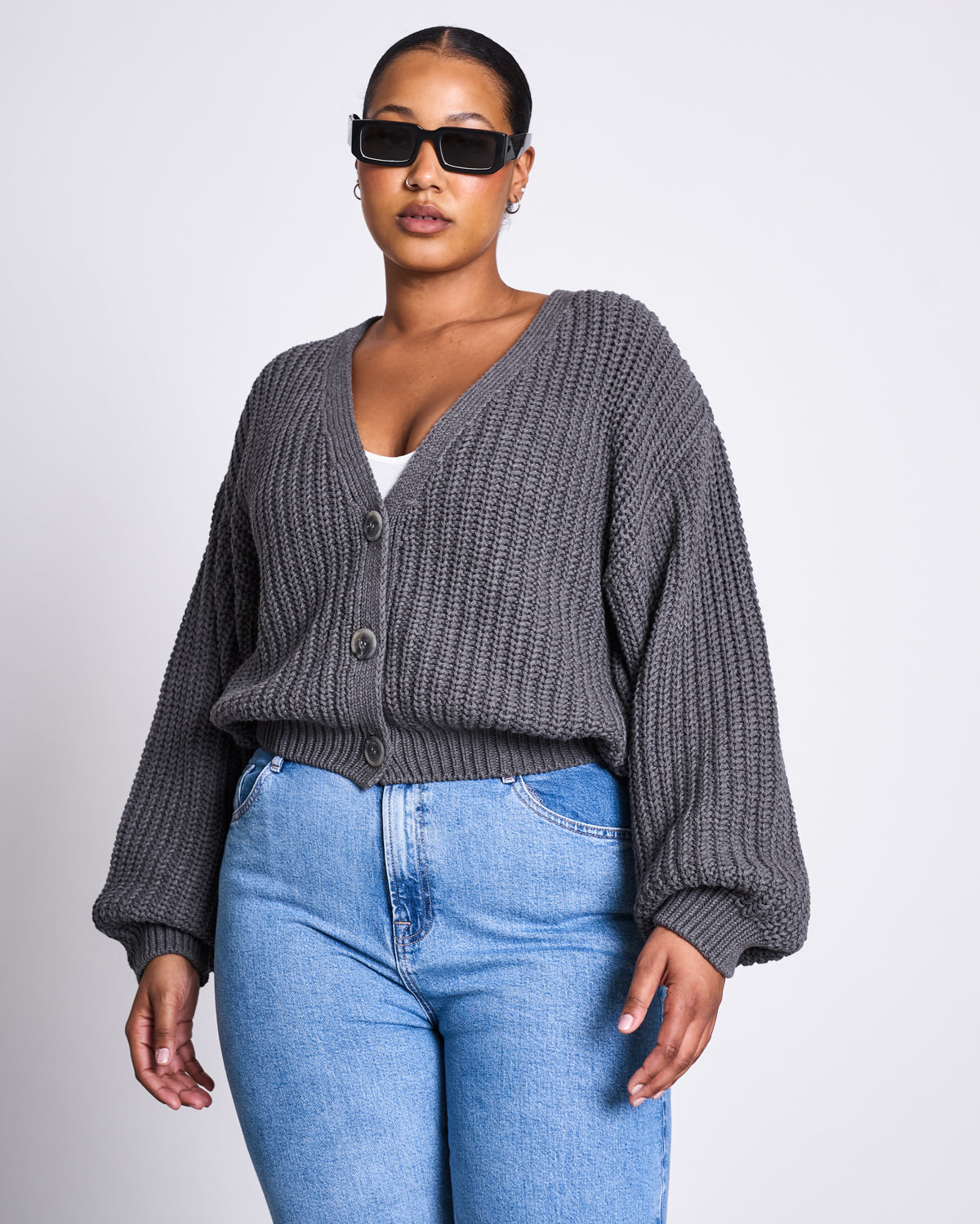 CHUNKY CARDIGAN LENA DARK GREY GOTS