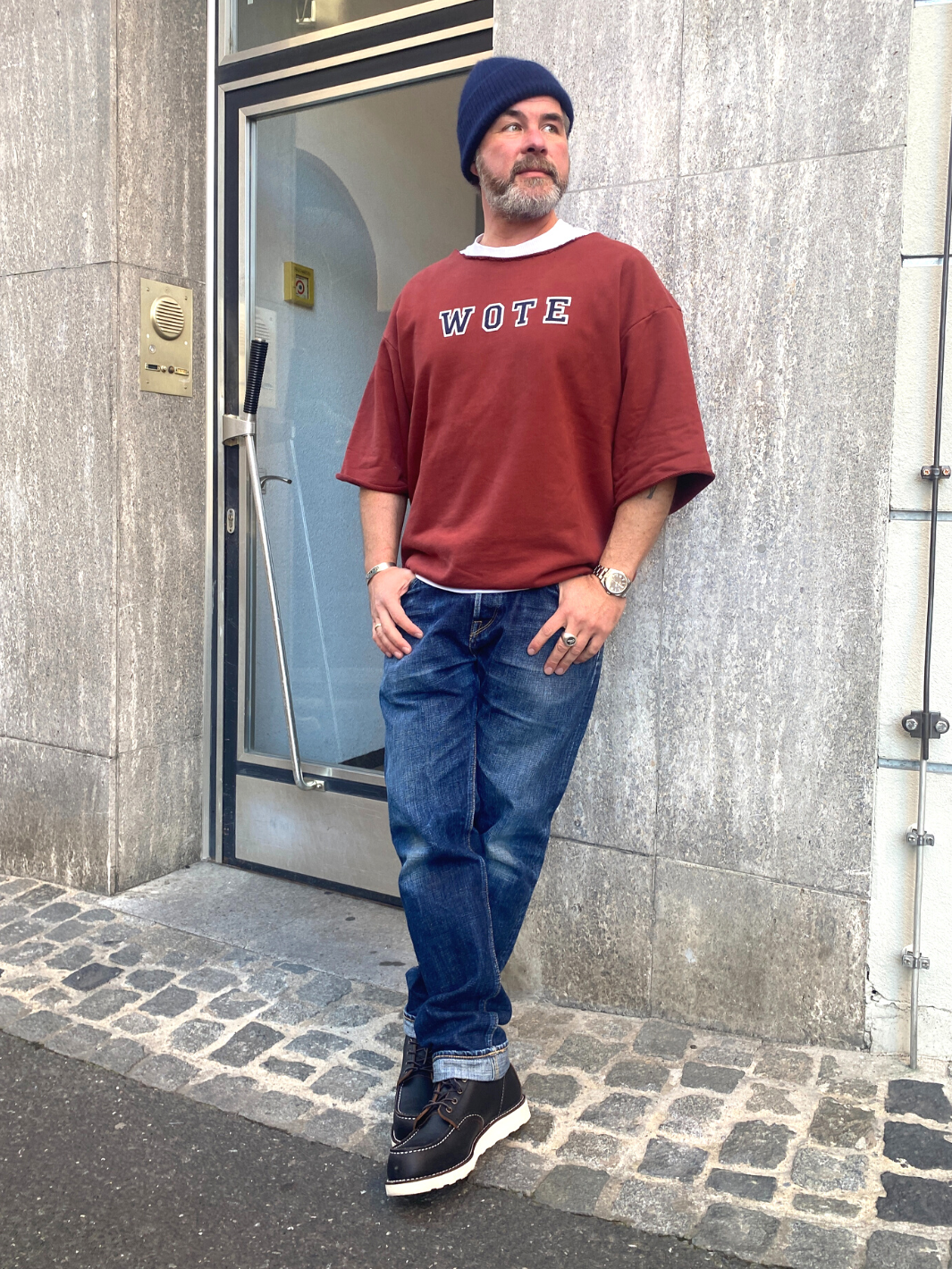 Unisex Halbarm Sweatshirt dunkelrot mit dunkelblauer WOTE Logo Brust Applikation abgetrennter Kragen S -XXL