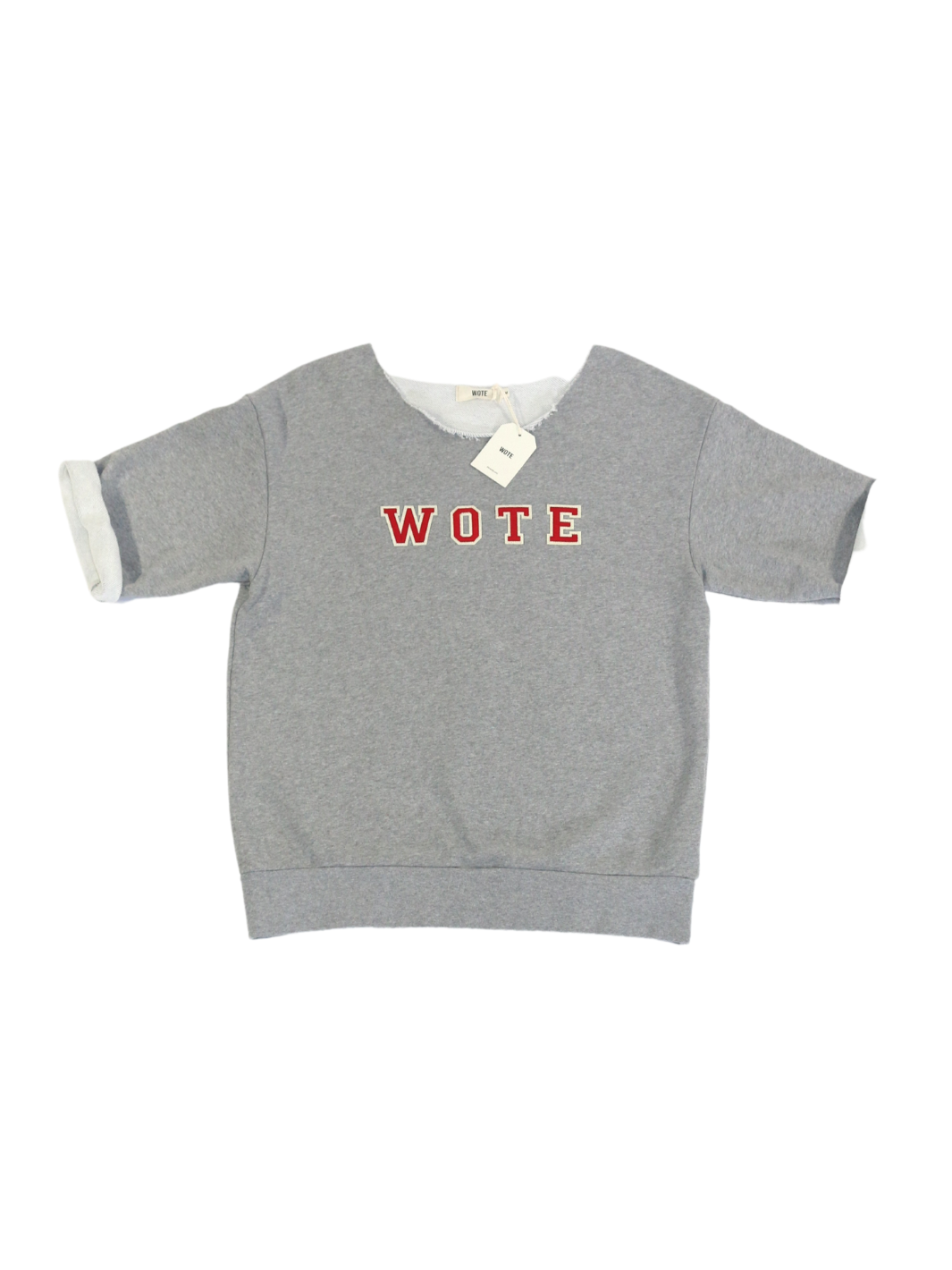 Unisex Halbarm Sweatshirt grau melange und in roten Buchstaben applizierten WOTE Logo auf Brusthöhe abgetrennter Kragen Größe S - XXL