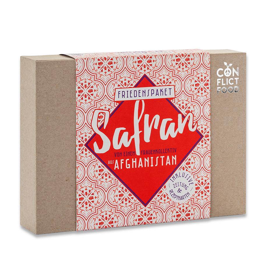 Verpackung des Safrans von Conflictfood mit roter Musterung von vorne.