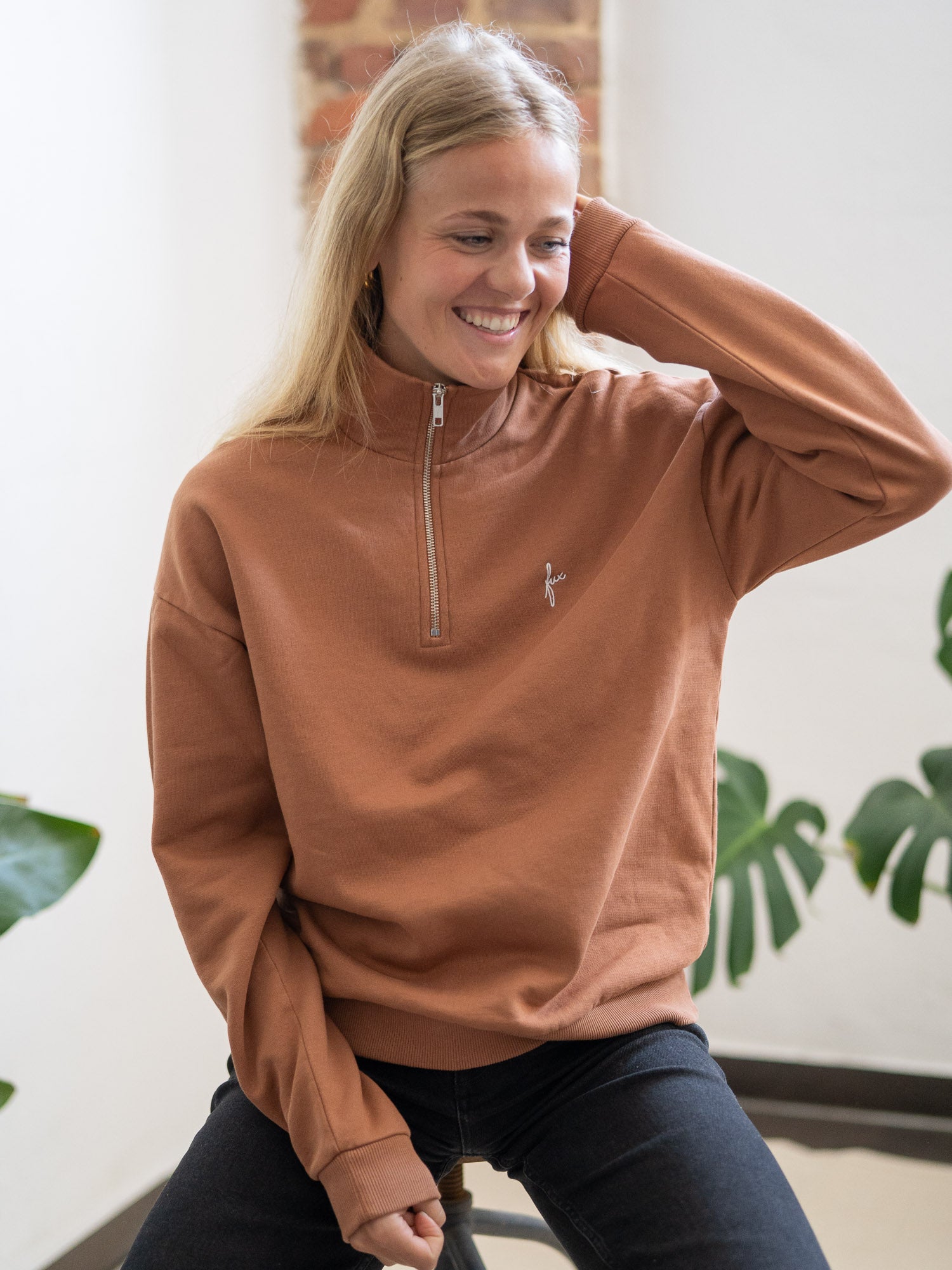 Frauen fux Half Zip Sweater - karamell