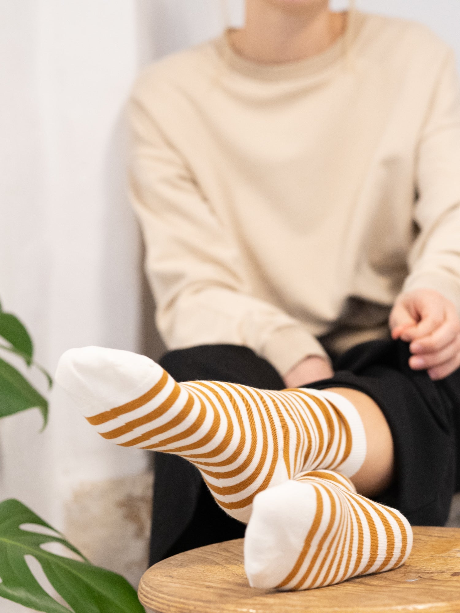 Streifensocken - creme senf