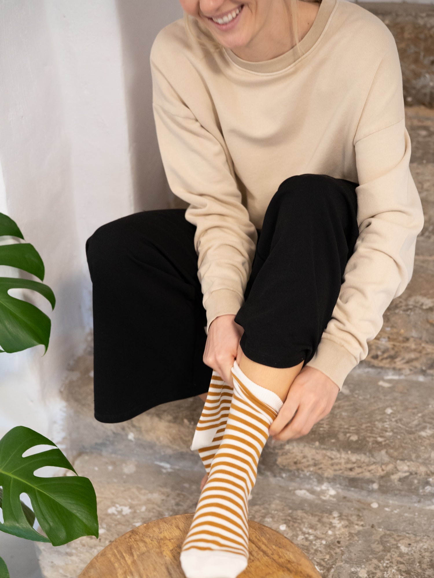 Streifensocken - creme senf