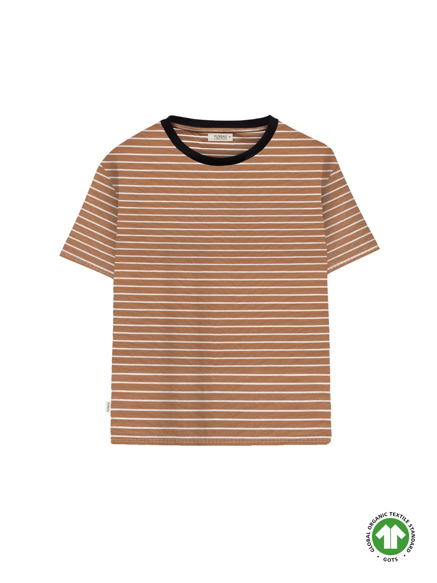 Nachhaltiges Gestreiftes Frauen T-Shirt in karamell von FUXBAU aus 100% GOTS zertifizierter Biobaumwolle made in Portugal