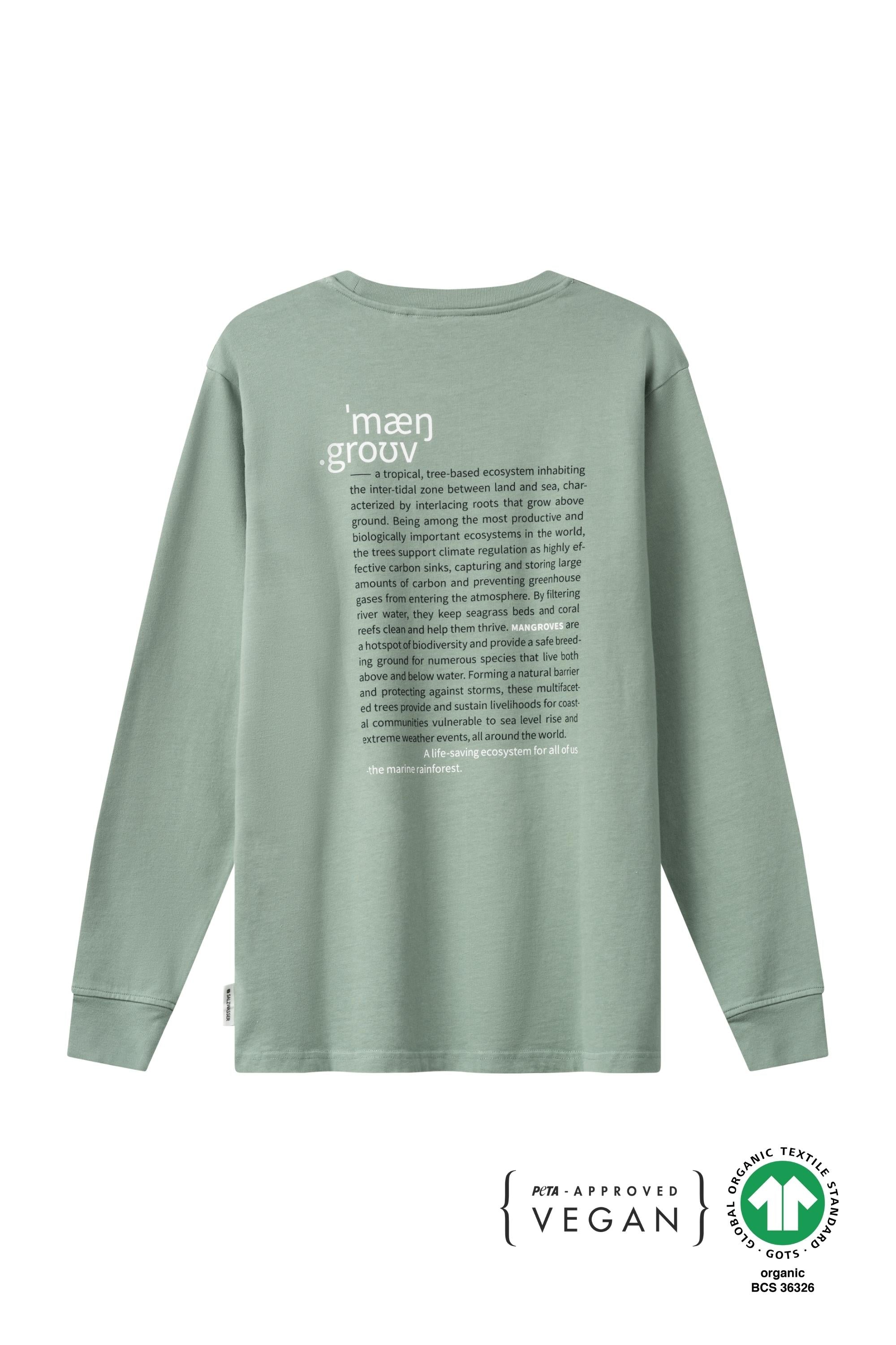 SALZWASSER Longsleeve Mangrove in Salbei mit Statement Rückenprint aus Bio-Baumwolle _women _men