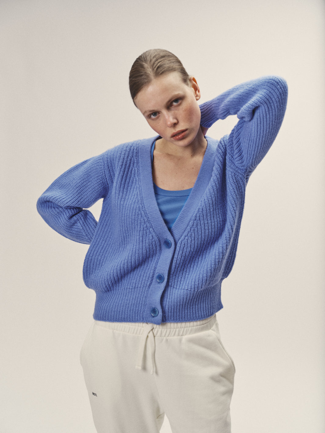 Strick Cardigan aus Merino Wolle für Damen in blau in Ripp Struktur