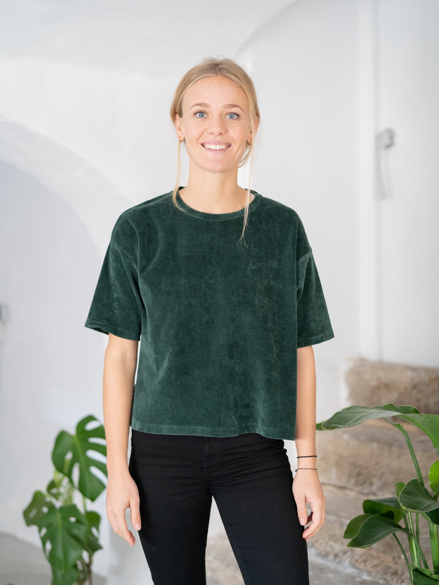 Frauen Cropped Samt T-Shirt - grün