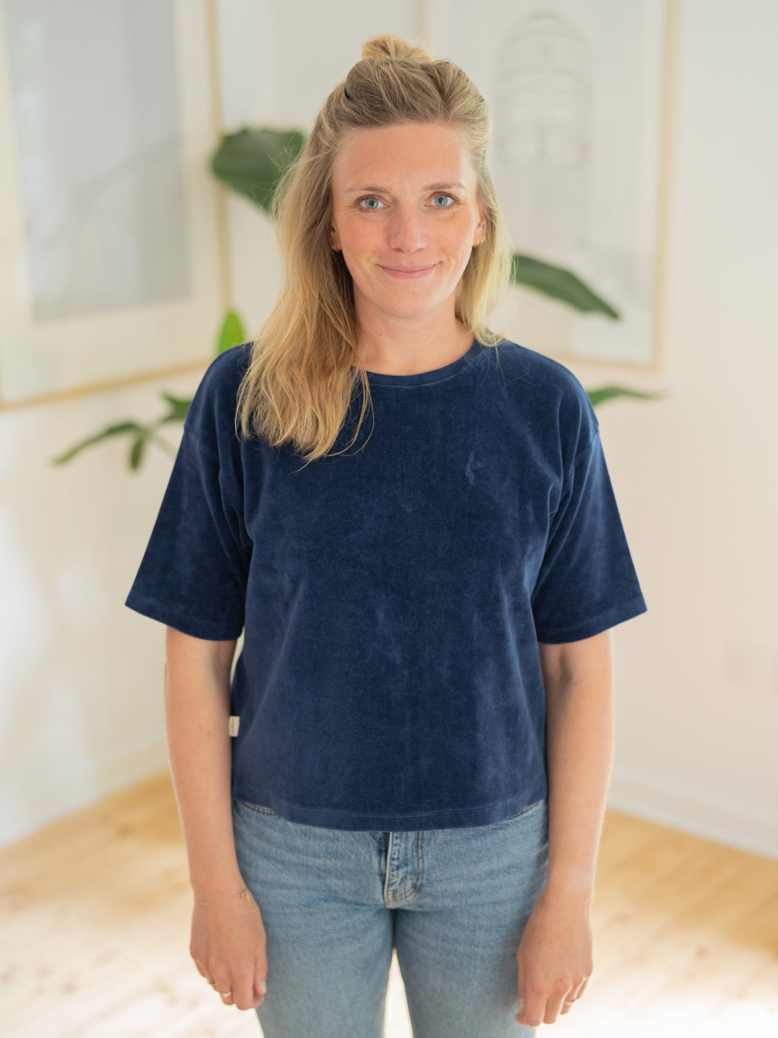 Frauen Cropped Samt T-Shirt - navy