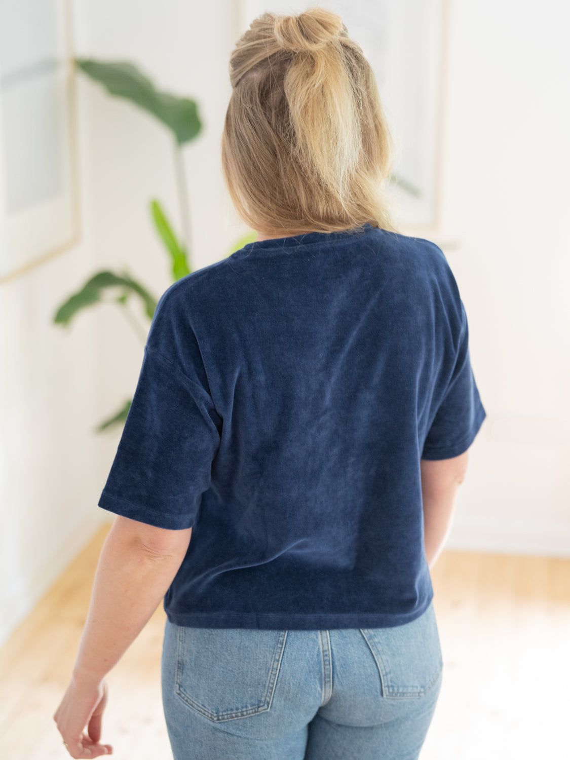 Frauen Cropped Samt T-Shirt - navy